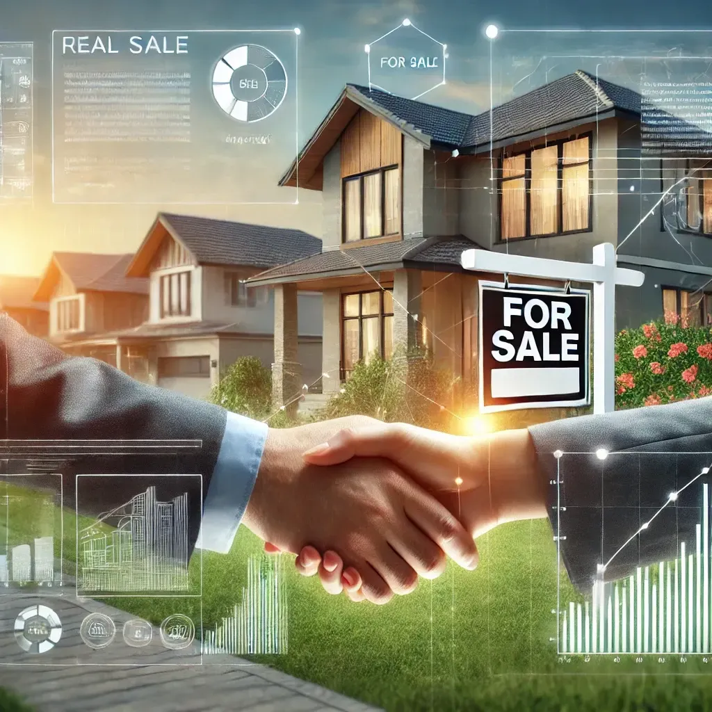 Handshake in front of a modern house for sale, symbolizing a real estate deal with digital data overlays.