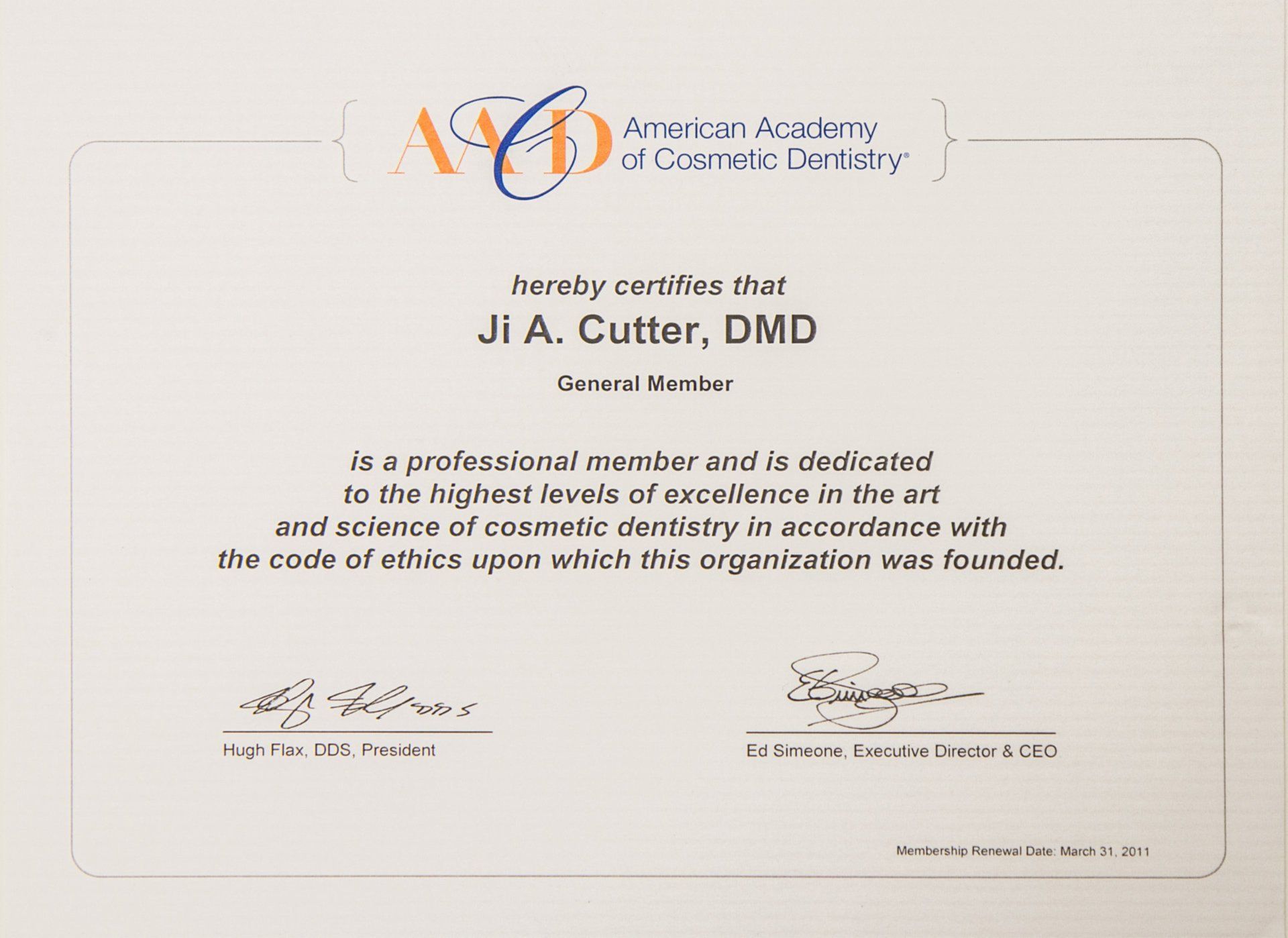 American Academy of Cosmetic Dentistry (AACD) Certificate