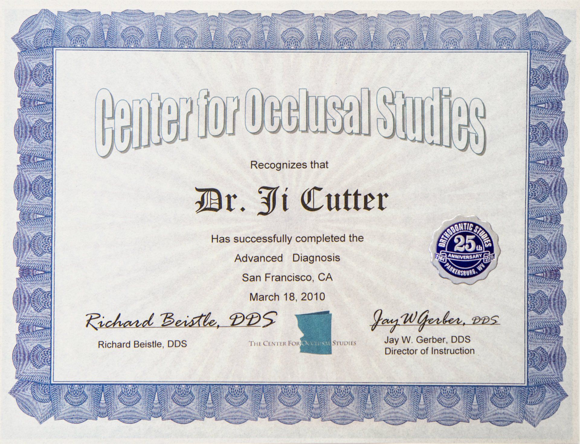 Center for Occlusal Studies Certificate