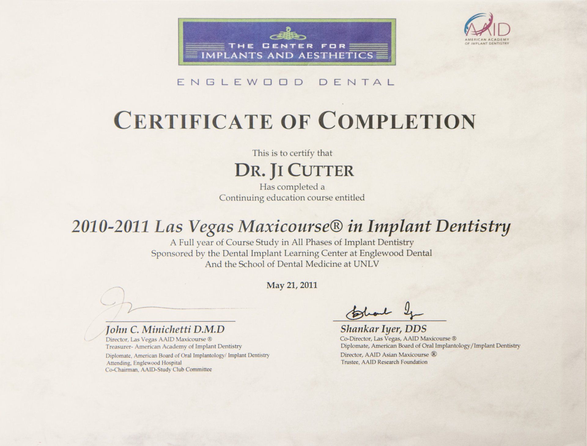 The Center for Implants and Aesthetics Certificate