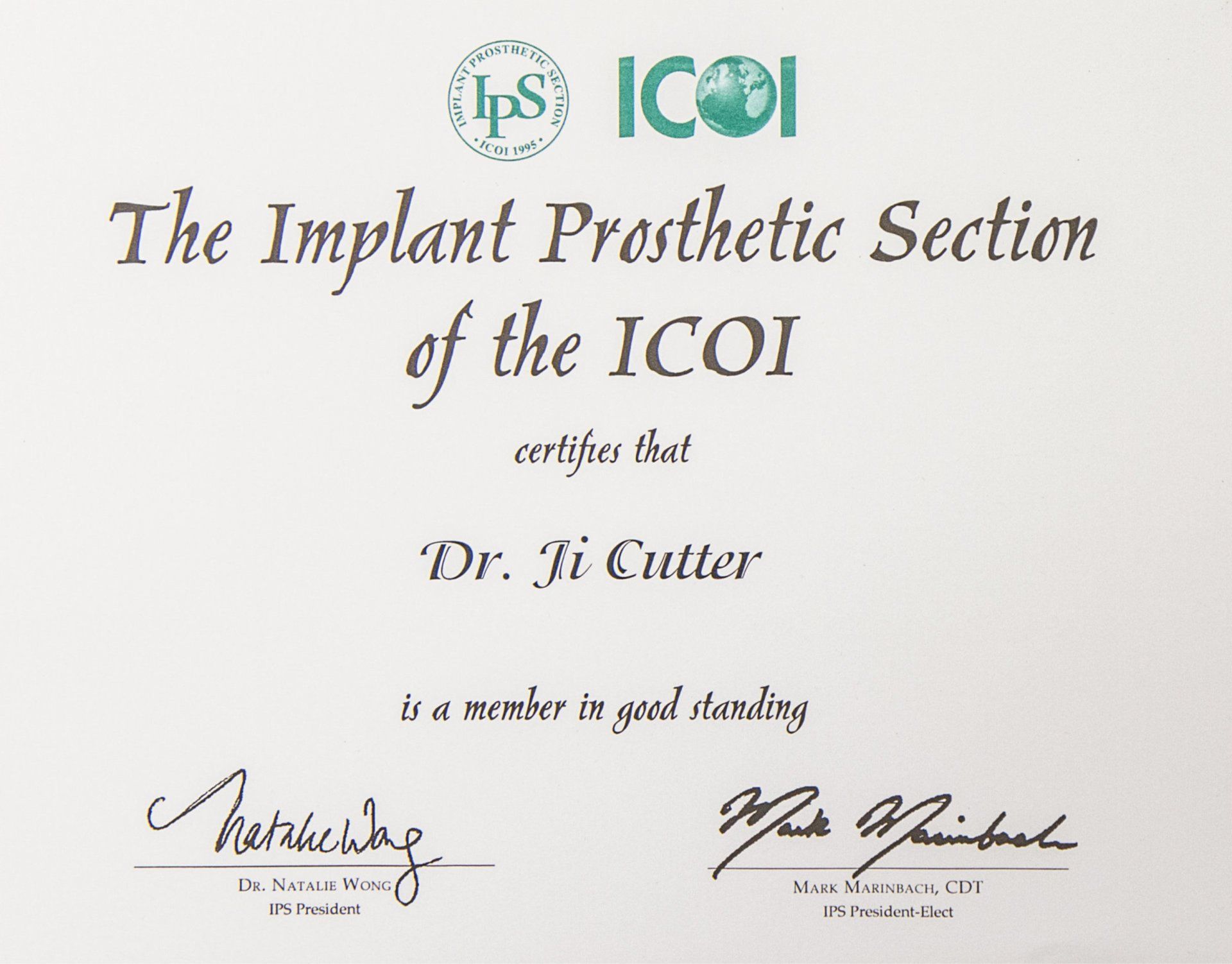 The Implant Prosthetic Section of ICOI Certificate