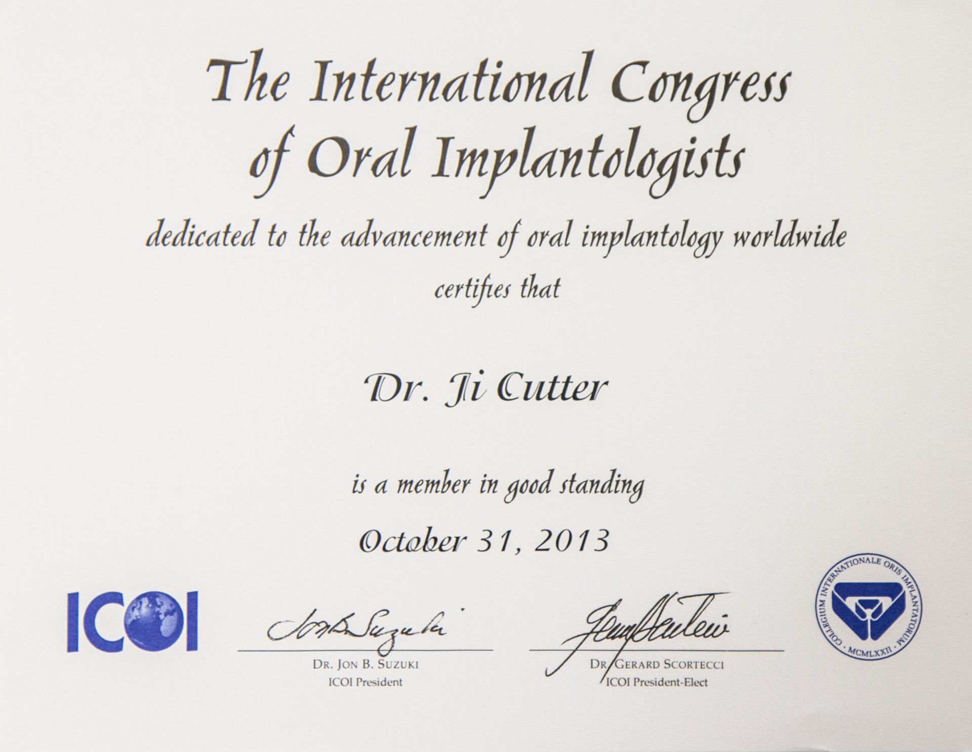 The International Congress of Oral Implantologists Certificate