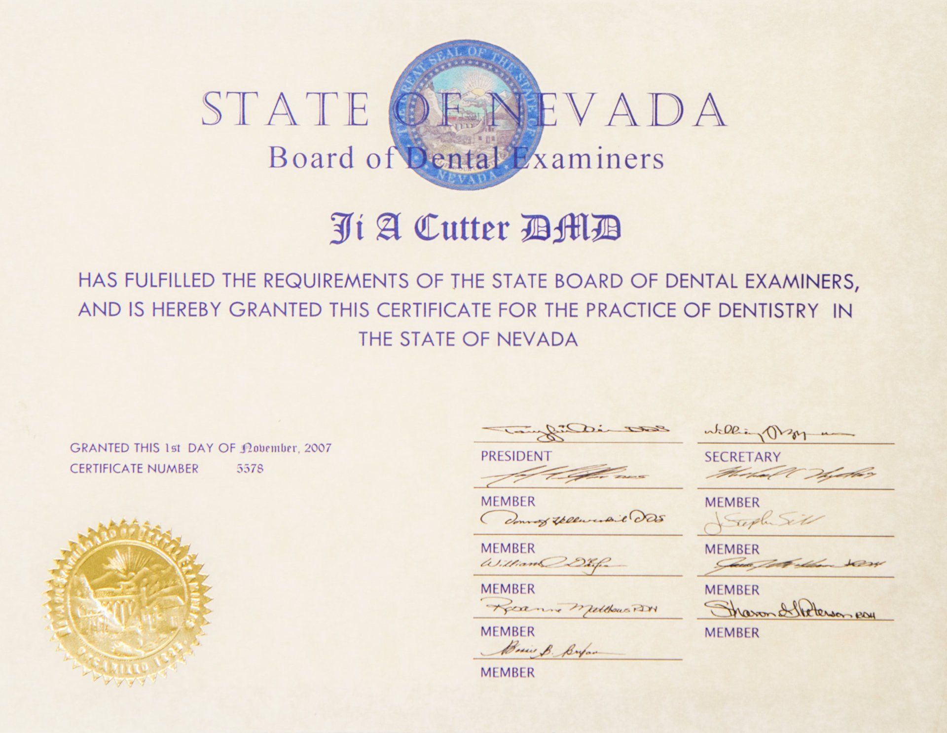 State of Nevada - Board of Dental Examiners Certificate