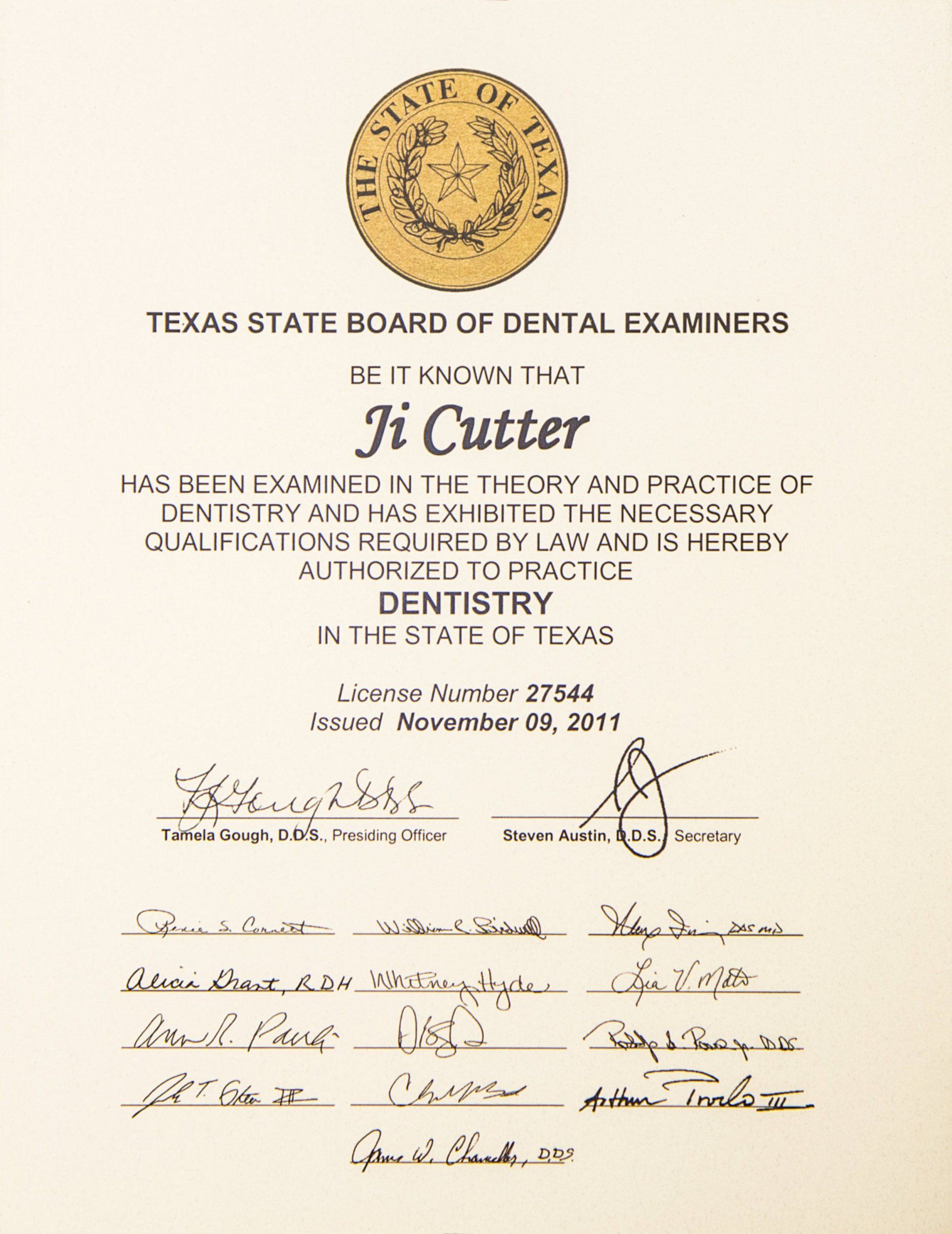 Texas State Board of Dental Examiners Authorization Certificate