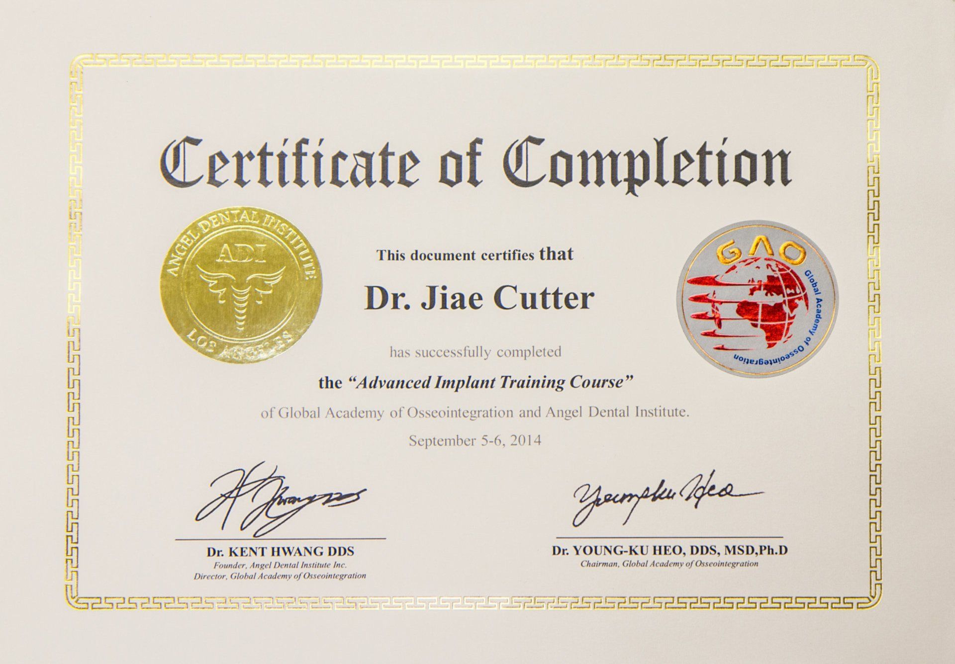 Advanced Implant Training Course Certificate