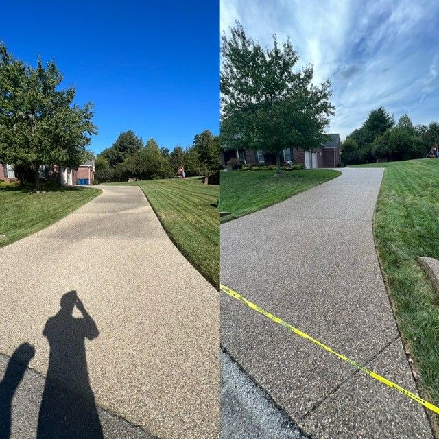 A Before and After Photo of A Concrete Driveway - Bourbon City Softwash - Louisville, KY