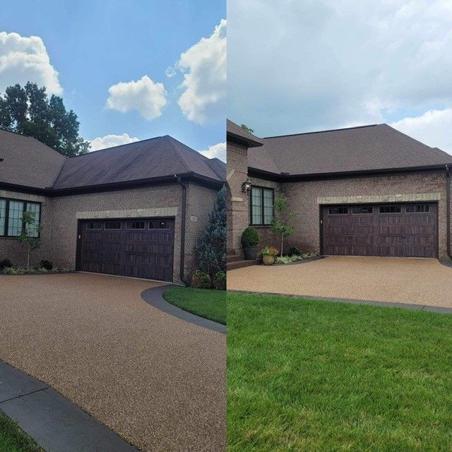 A Before and After Picture of A House with A Driveway. - Bourbon City Softwash - Louisville, KY