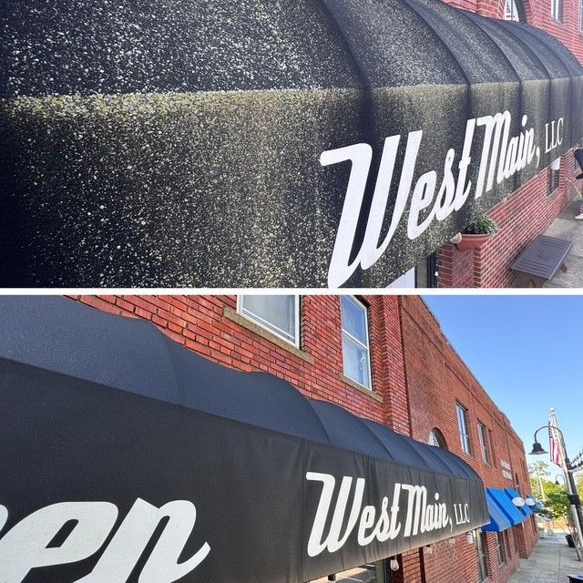 Top: close-up, dirty black awning with 