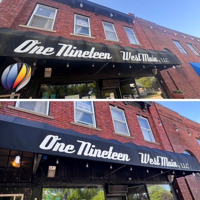 Comparison of two views of a brick building with a black awning that reads 