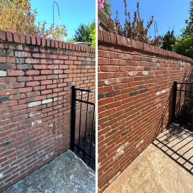 A before and after photo of a brick wall with a gate. - Bourbon City Softwash - Louisville, KY