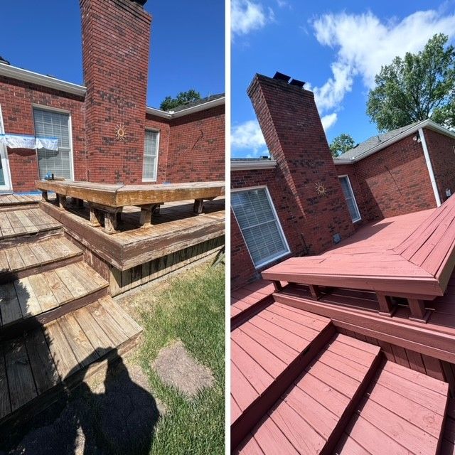 A before and after picture of a wooden deck.- Bourbon City Softwash - Louisville, KY