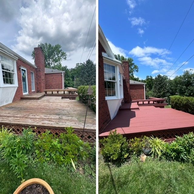 A before and after picture of a house with a wooden deck - Bourbon City Softwash - Louisville, KY