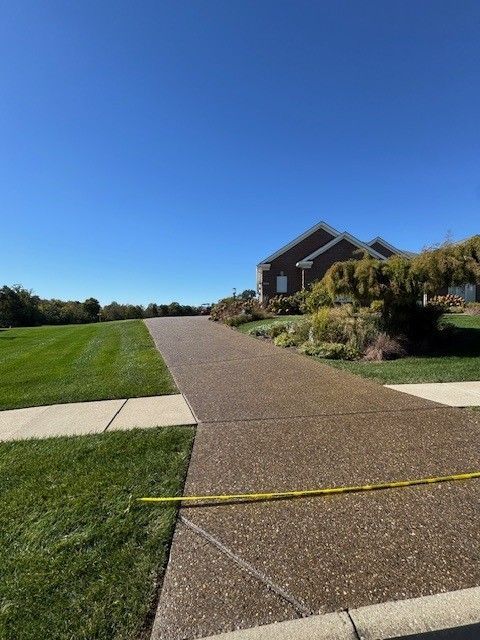 Driveway leading up to a house with a clear blue sky above. Grass and landscaping border the driveway.