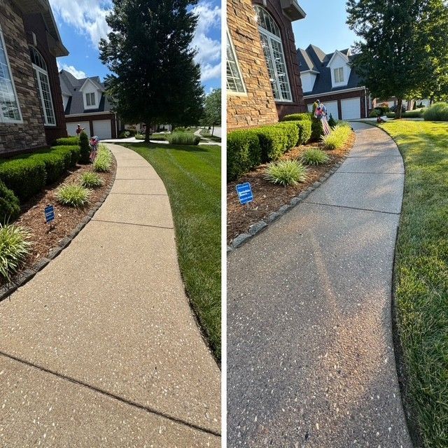 Comparison of a concrete walkway before and after cleaning. The walkway leads to a house with landscaped yard.