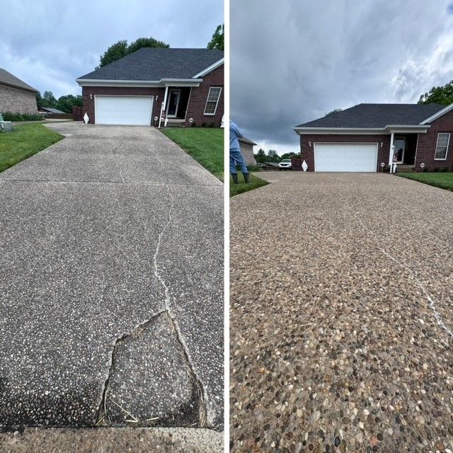 A before and after photo of a concrete driveway - Bourbon City Softwash - Louisville, KY