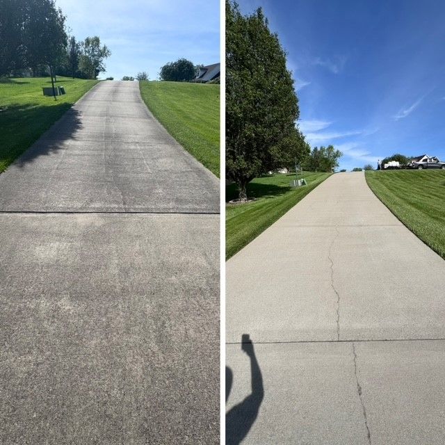 A before and after photo of a concrete driveway cleaning - Bourbon City Softwash - Louisville, KY