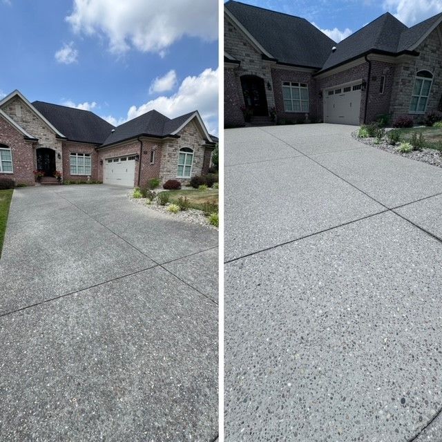 A before and after picture of a driveway in front of a house - Bourbon City Softwash - Louisville, KY