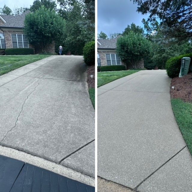 A Before and After Photo of A Concrete Driveway in Front of A House. - Bourbon City Softwash - Louisville, KY