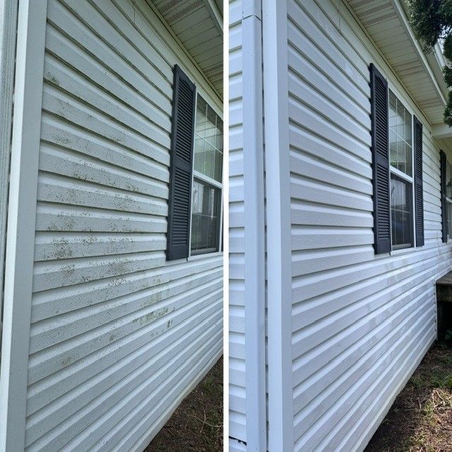 A before and after picture of a white house with black shutters. - Bourbon City Softwash - Louisville, KY