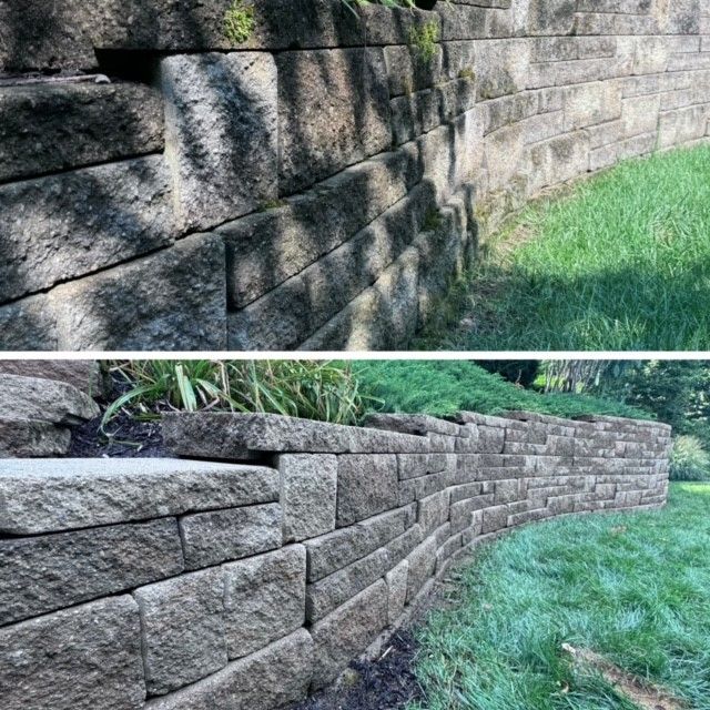 A before and after picture of a stone wall - Bourbon City Softwash - Louisville, KY