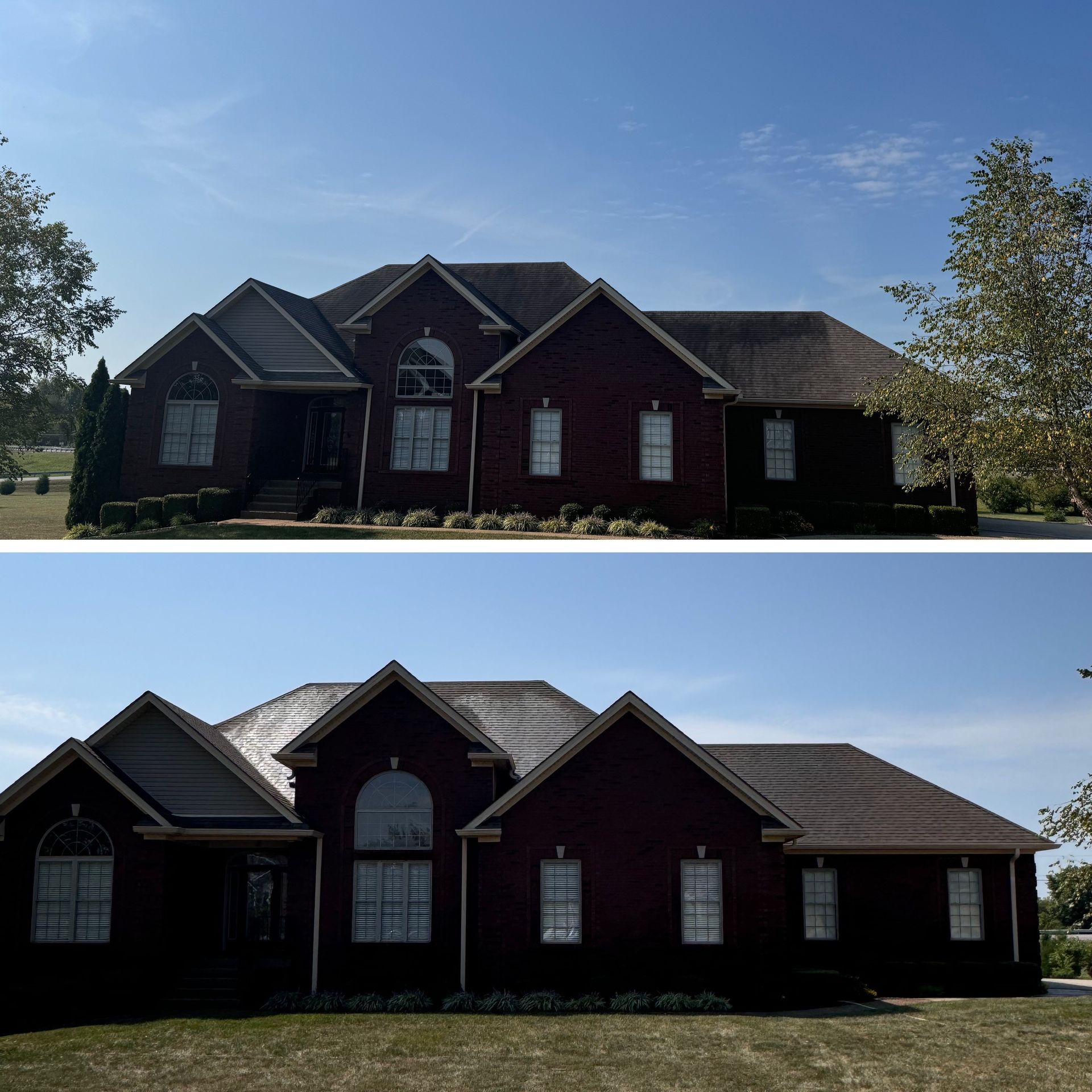 A before and after picture of a brick house - Bourbon City Softwash - Louisville, KY