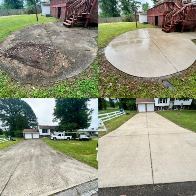 A collage of four pictures of a driveway with a house in the background - Bourbon City Softwash - Louisville, KY