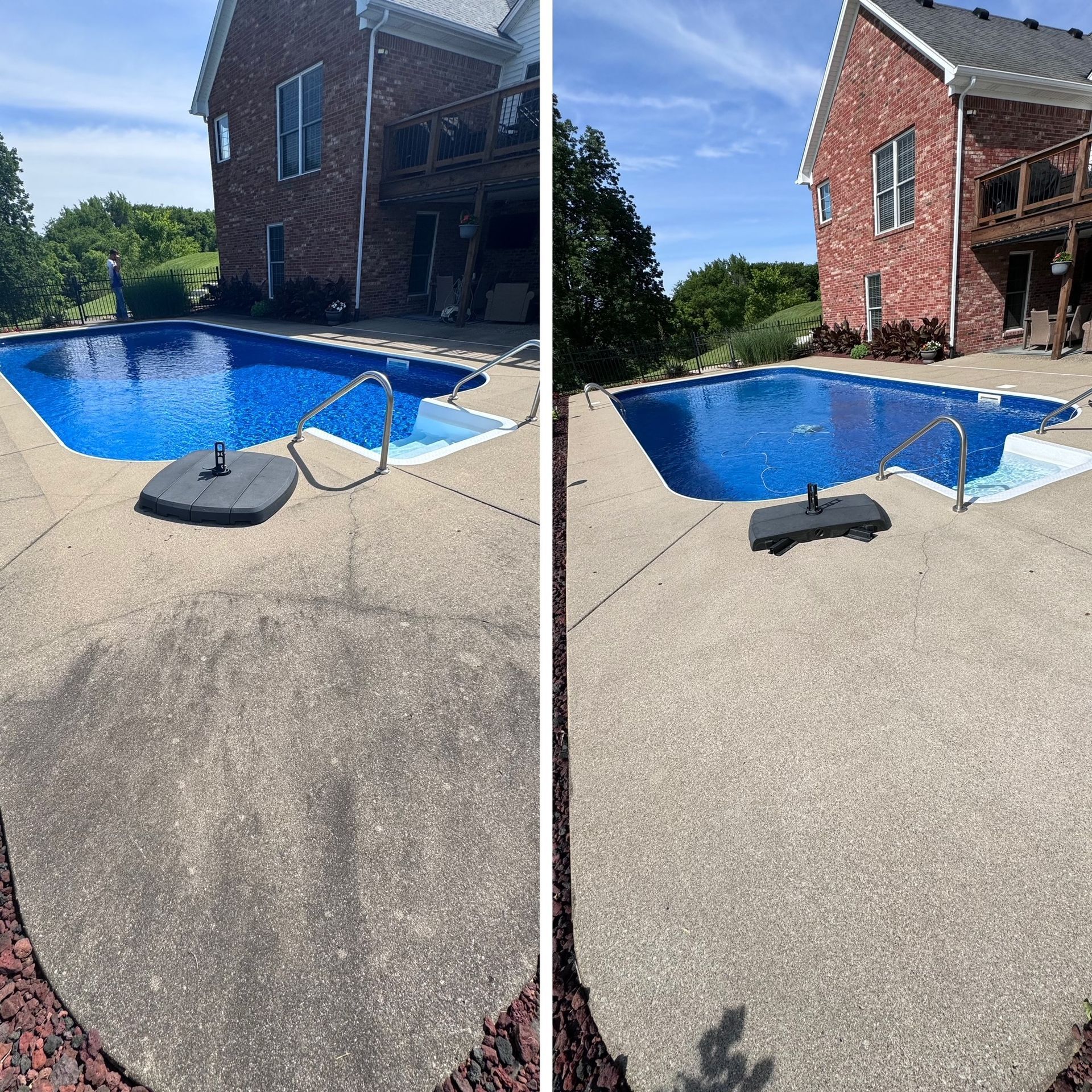 A before and after photo of a swimming pool with a brick house in the background. - Bourbon City Softwash - Louisville, KY