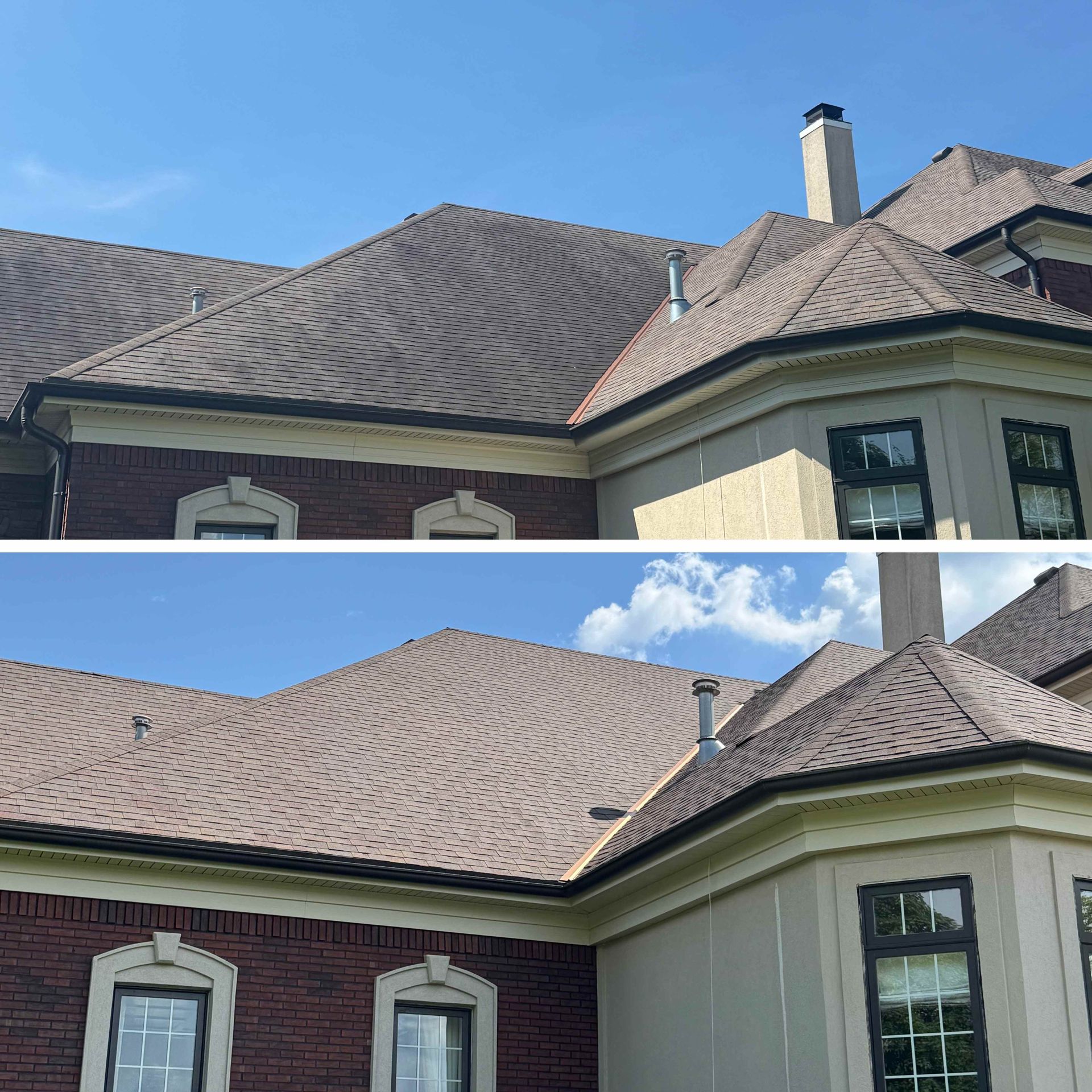Comparison of a house roof before and after cleaning. The roof is brown, house is brick and cream.