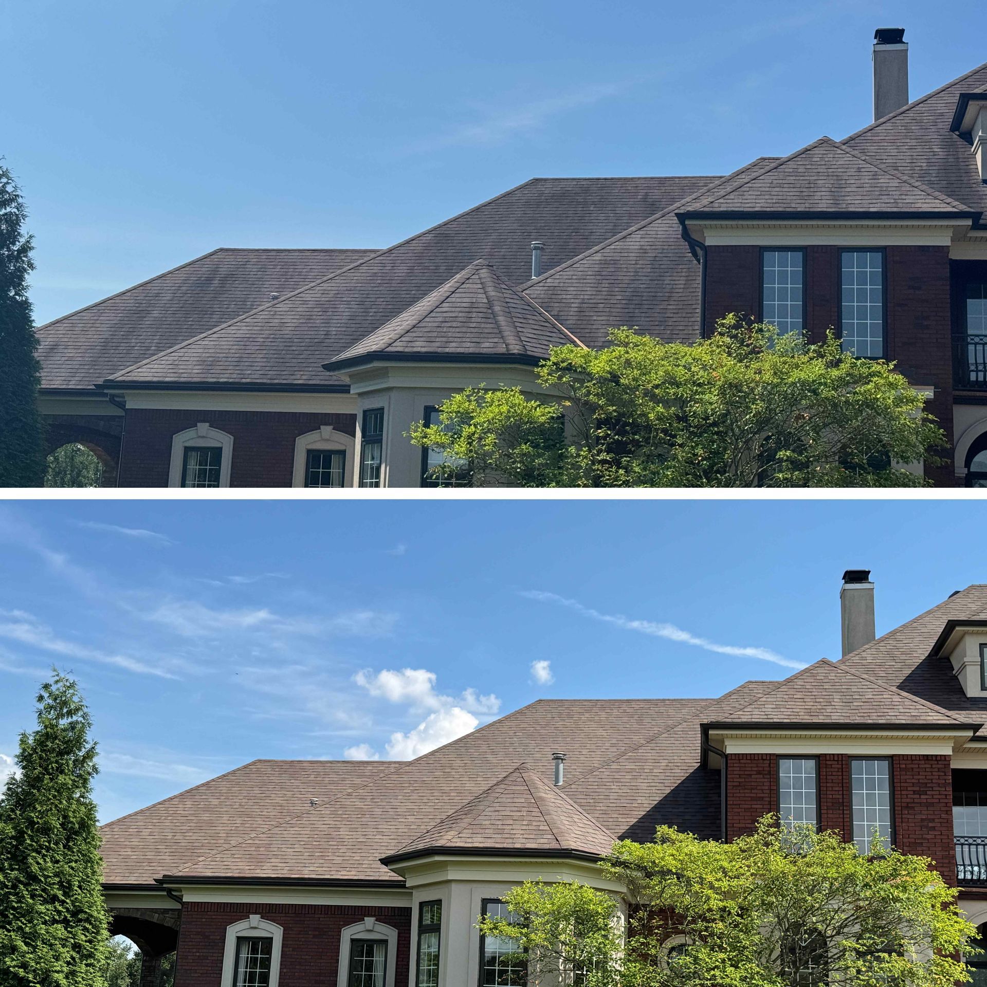Before and after comparison of a house roof cleaning; top is dirty, bottom is clean.