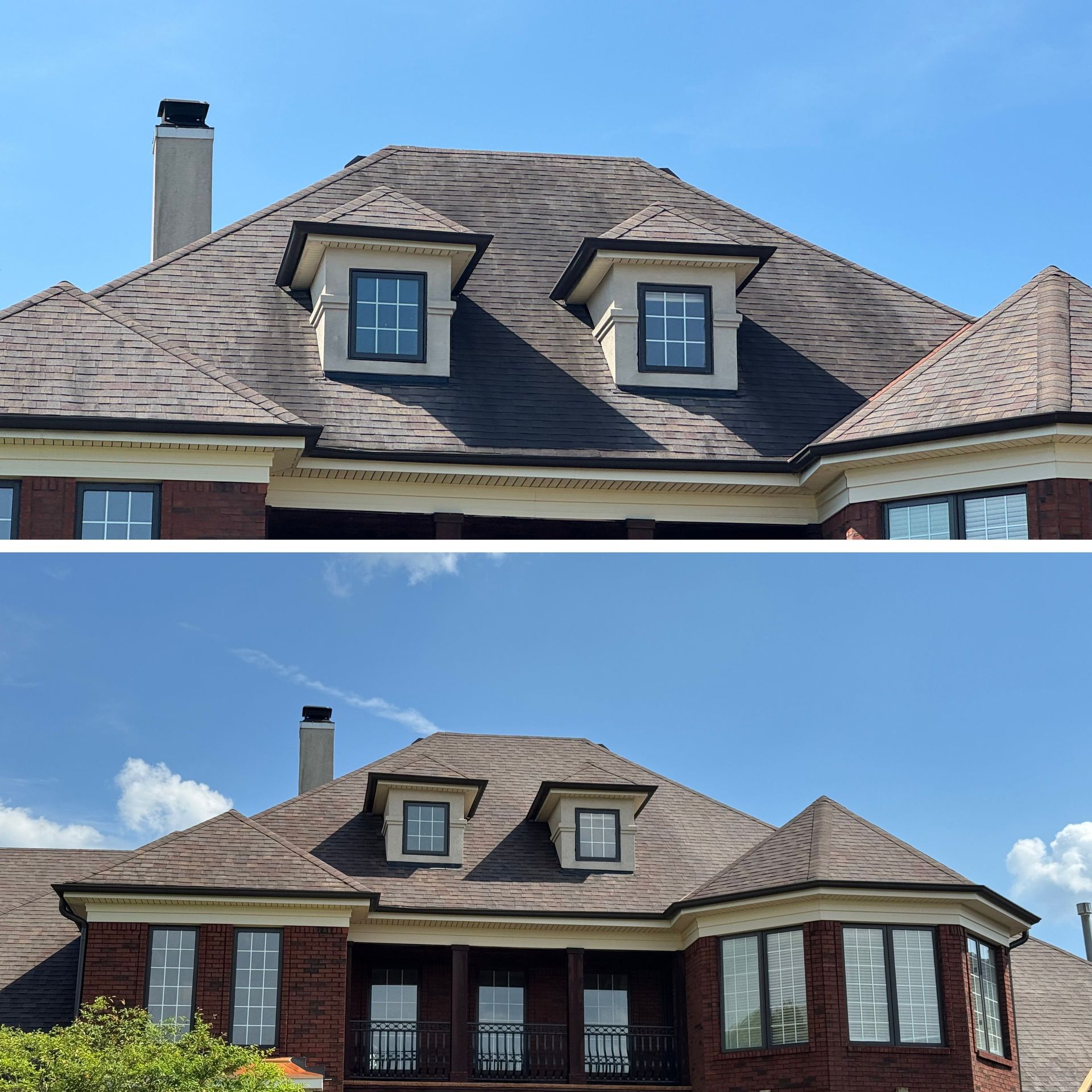 Before and after comparison of a house roof, showing a clean roof after cleaning.