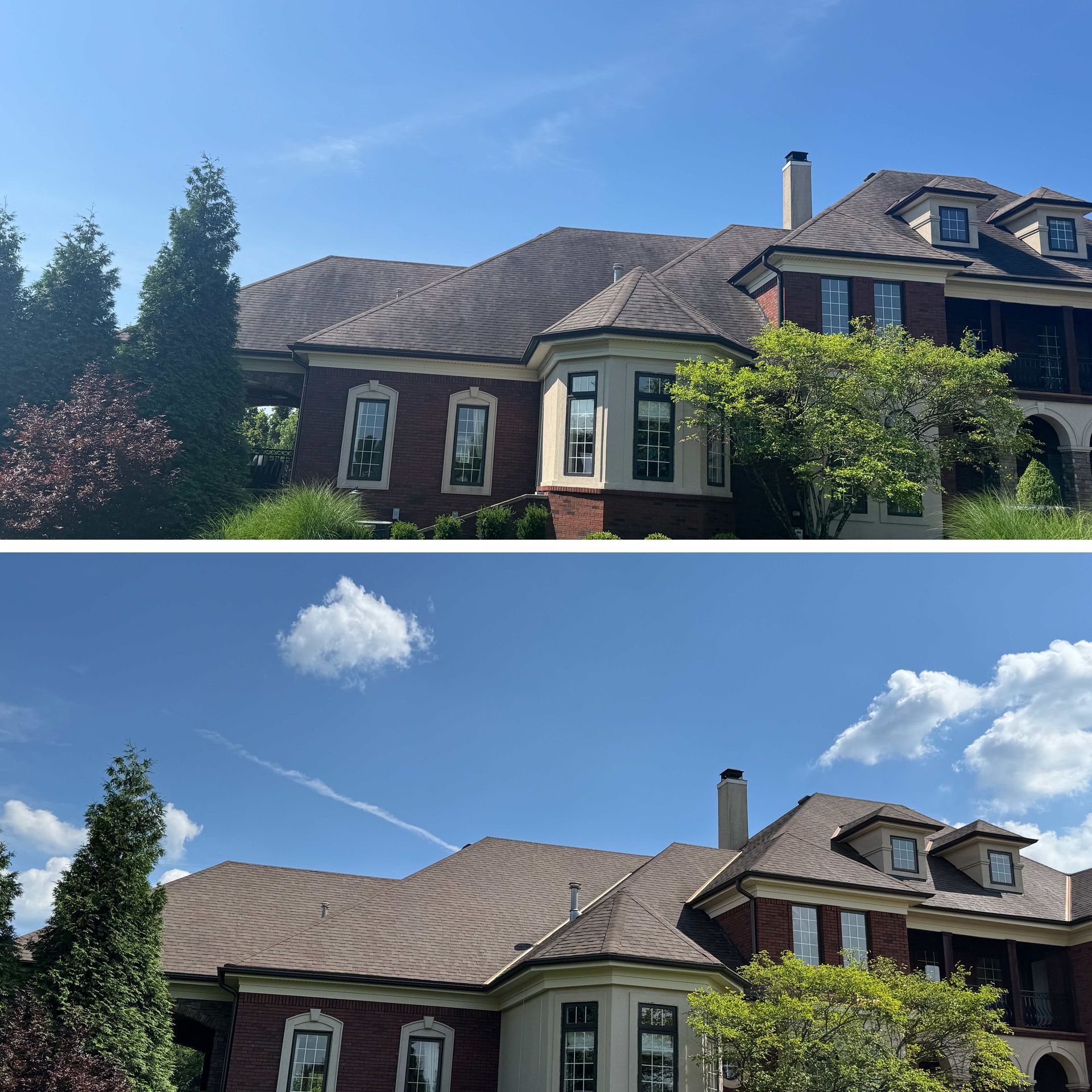 Two views of a large house with a red brick exterior and a brown roof against a blue sky.