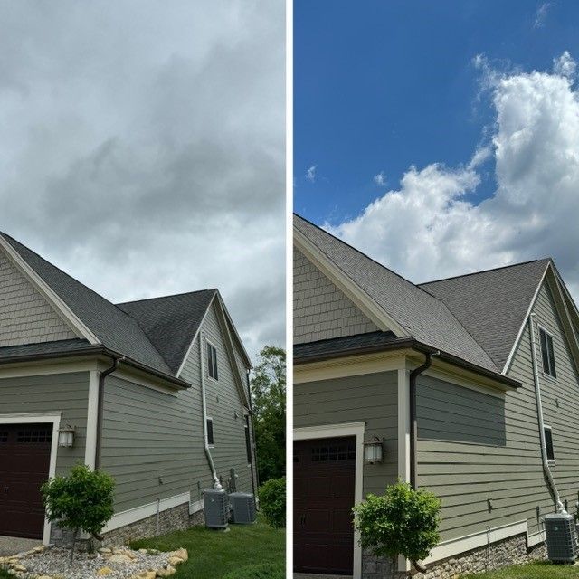 A before and after picture of a house with a cloudy sky in the background - Bourbon City Softwash - Louisville, KY