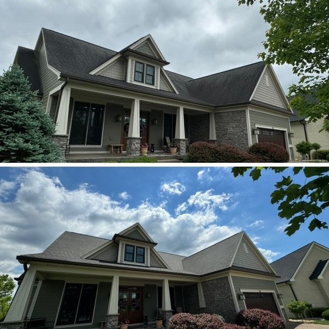 A before and after picture of a house with a gray roof - Bourbon City Softwash - Louisville, KY