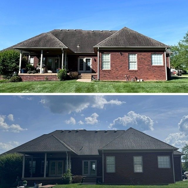 A before and after picture of a red brick house - Bourbon City Softwash - Louisville, KY