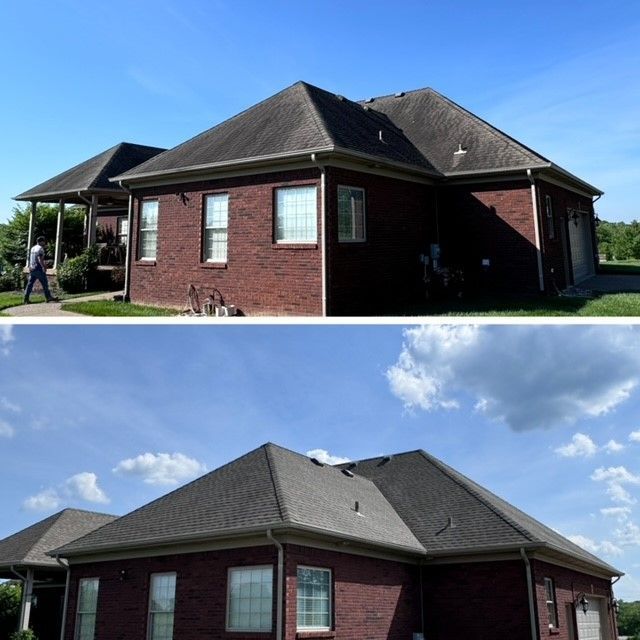 Two pictures of a brick house with a gray roof - Bourbon City Softwash - Louisville, KY