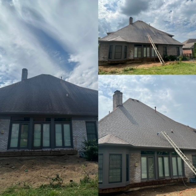A collage of three pictures of a house with a ladder on the roof - Bourbon City Softwash - Louisville, KY