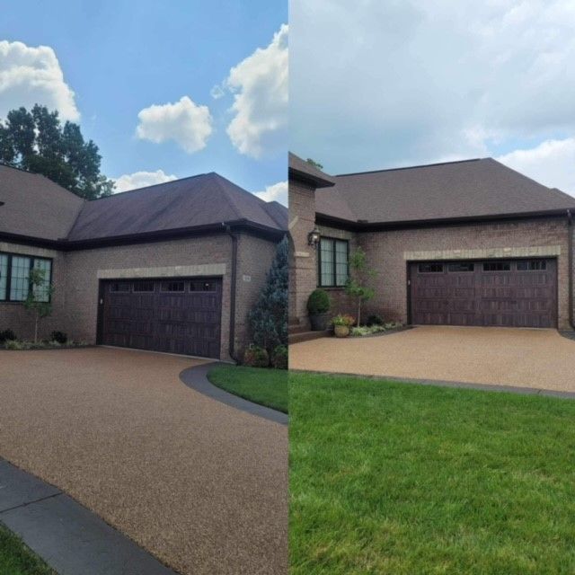 A before and after picture of a house with a driveway - Bourbon City Softwash - Louisville, KY