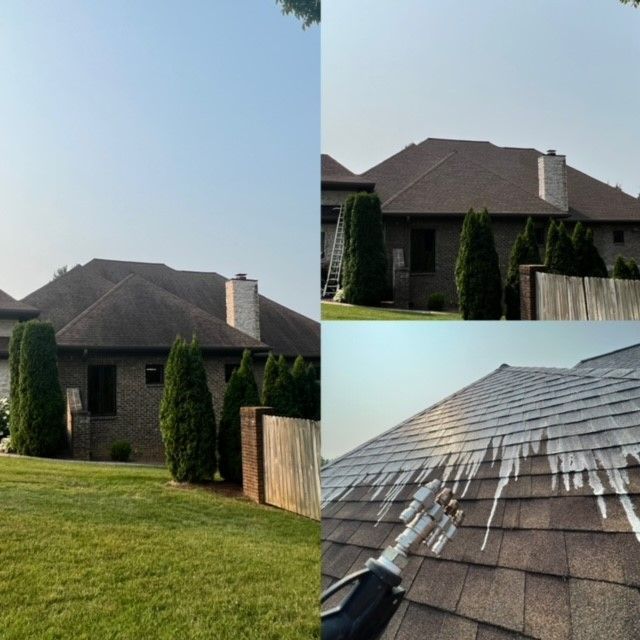 A collage of pictures of a house with a roof