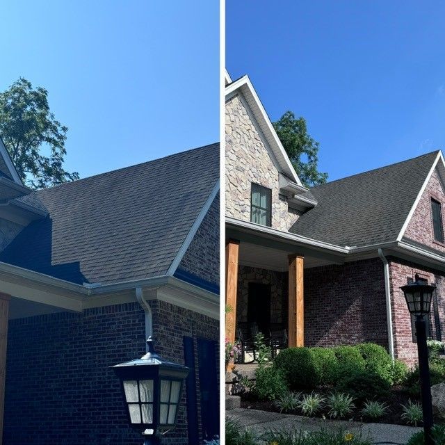 A before and after picture of a big brick house - Bourbon City Softwash - Louisville, KY