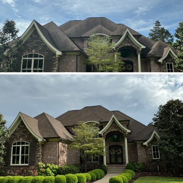 A before and after picture of a unique brick house - Bourbon City Softwash - Louisville, KY
