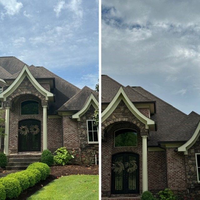 A before and after picture of a brick house - Bourbon City Softwash - Louisville, KY