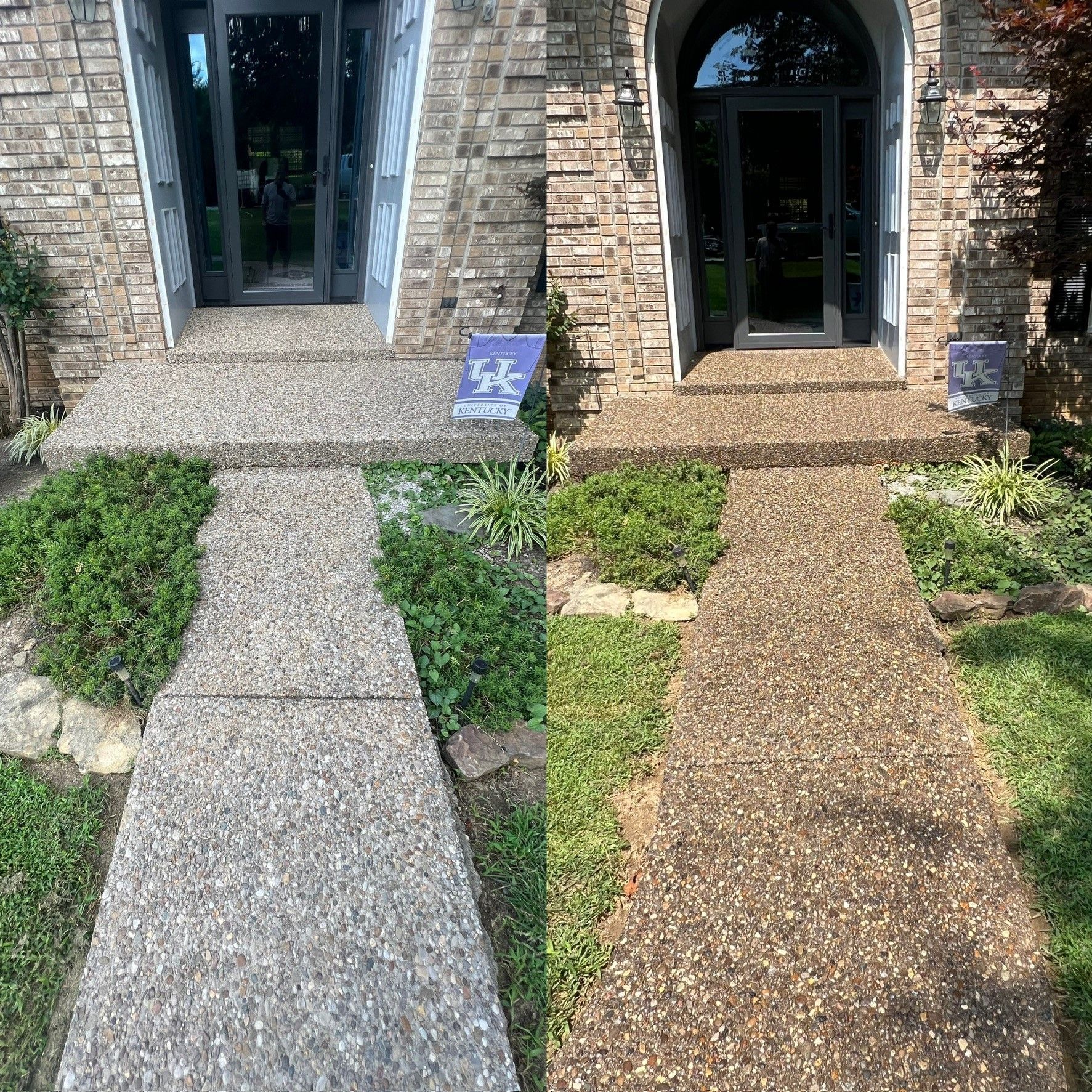 A before and after photo of a concrete walkway in front of a house. - Bourbon City Softwash - Louisville, KY