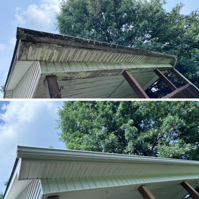 A before and after picture of the roof of a house - Bourbon City Softwash - Louisville, KY