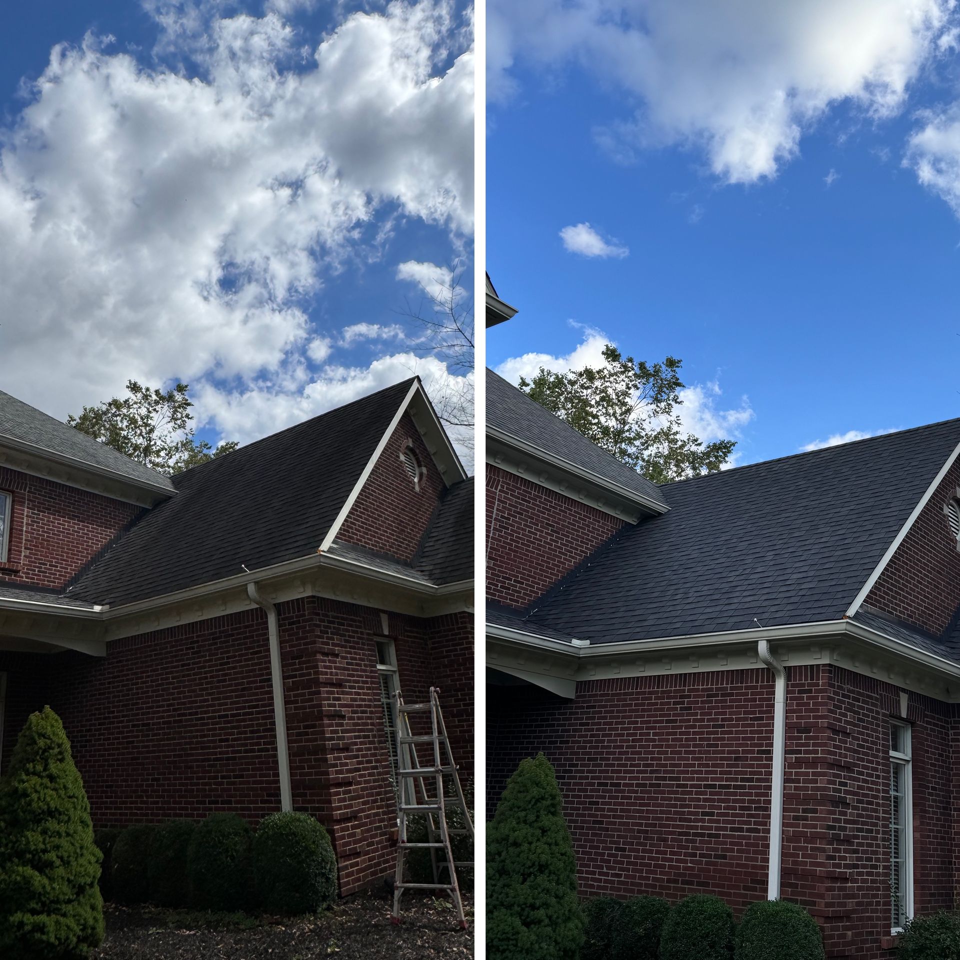 A before and after picture of a brick house with a black roof
