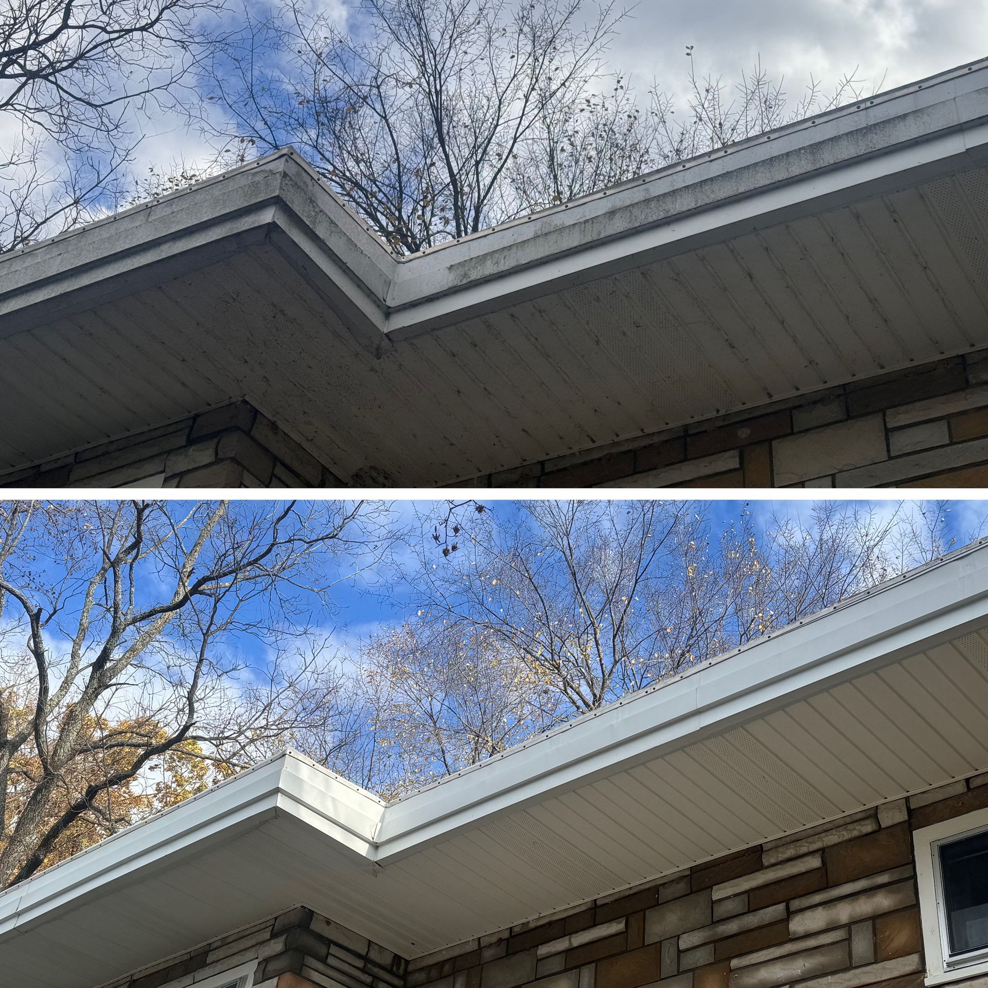 A before and after picture of a gutter on a house.