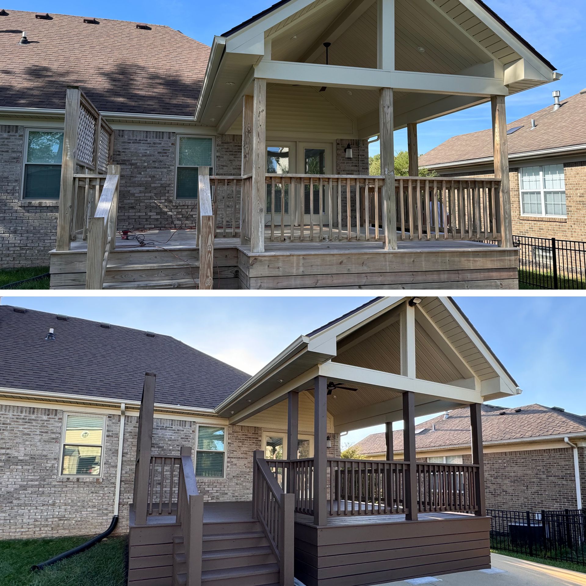 A before and after picture of a house with a porch