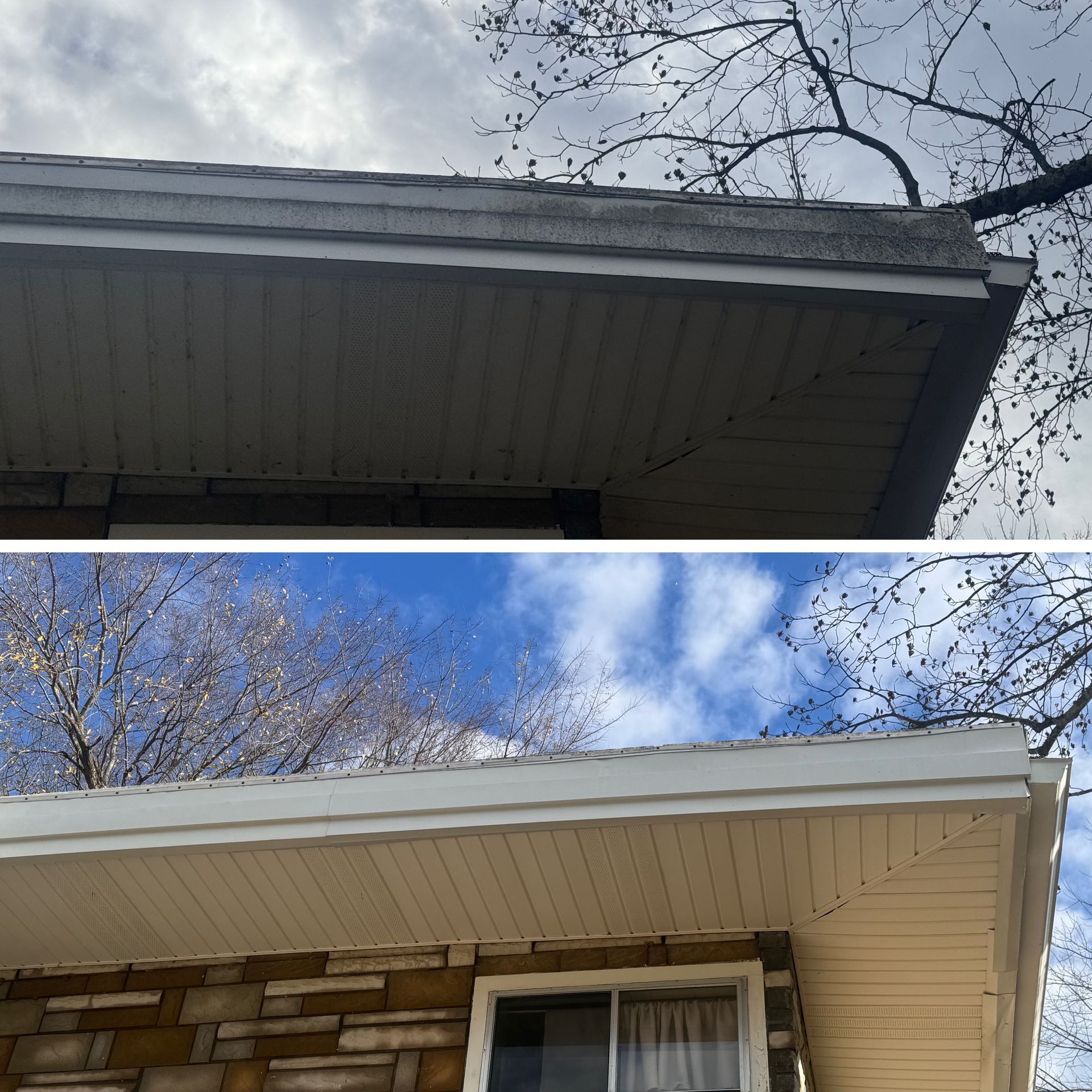 A before and after picture of the roof of a house.