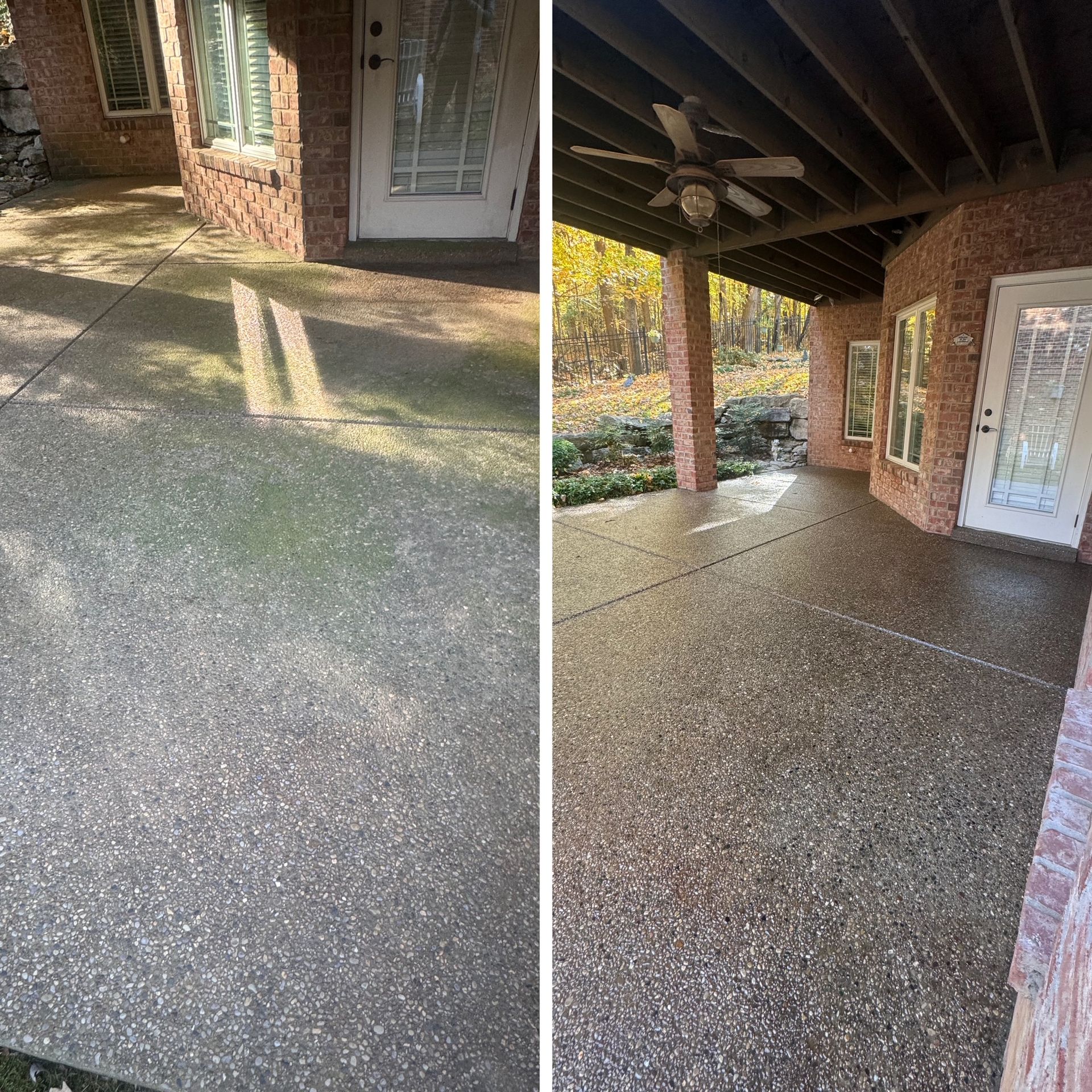 A before and after picture of a patio with a ceiling fan.