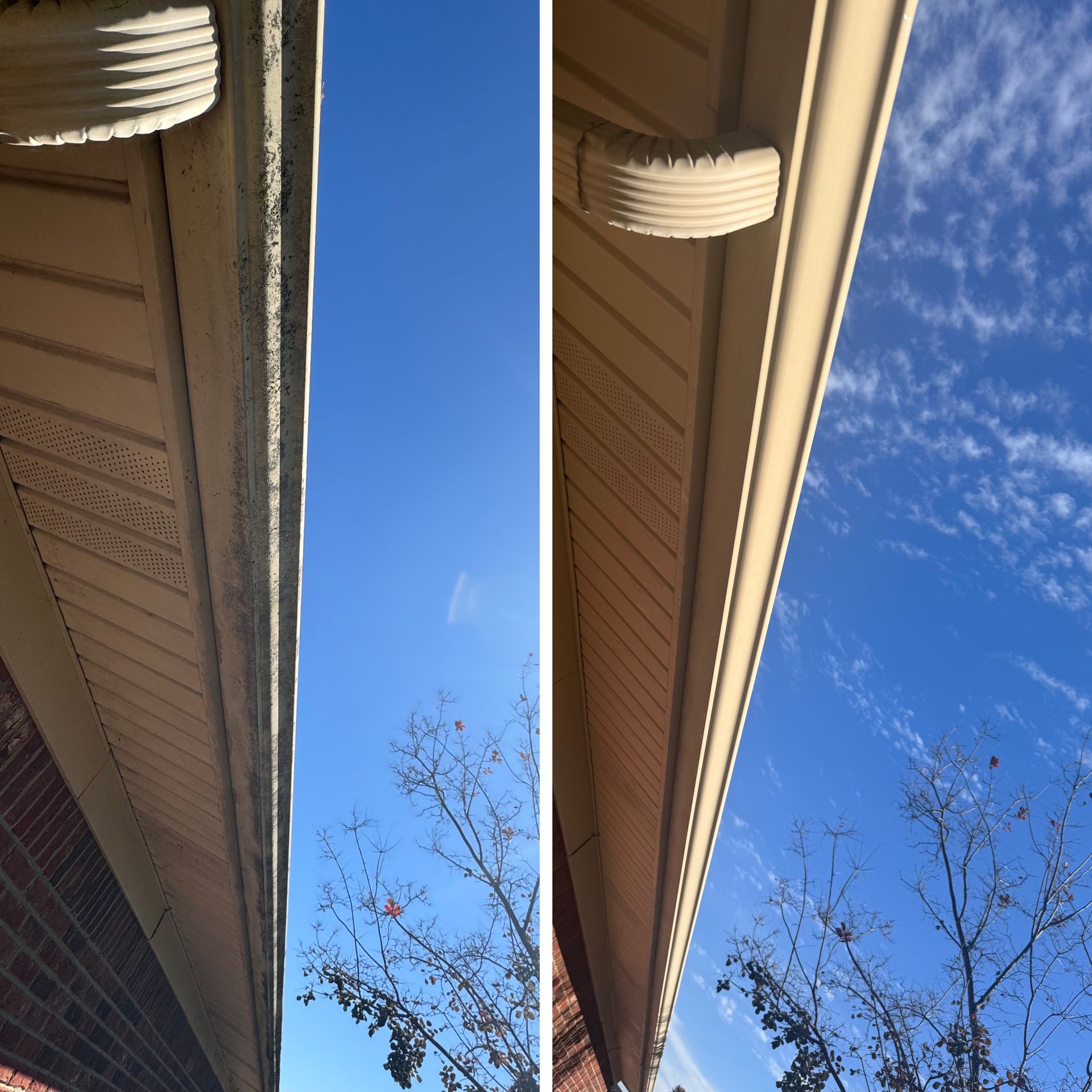 A Before and After Picture of A Gutter on A House.
