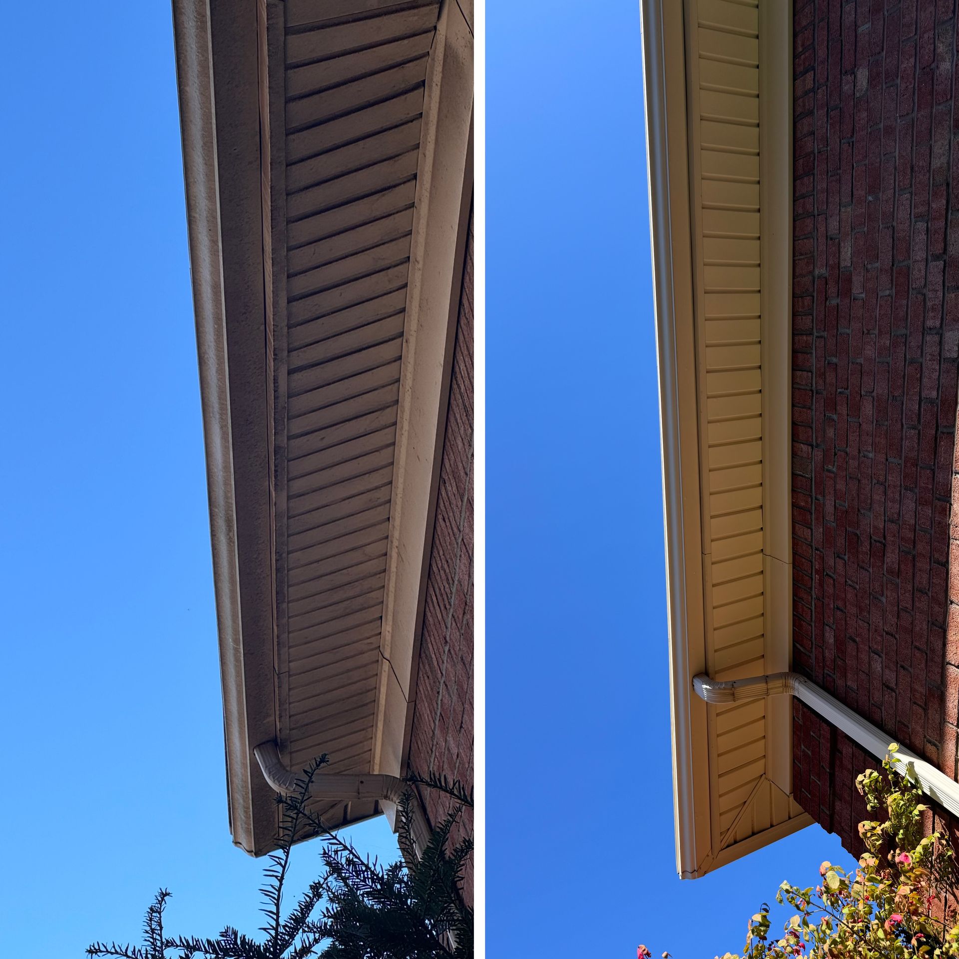 Two side-by-side views of a house's beige soffit and eaves against a blue sky, brick wall visible.